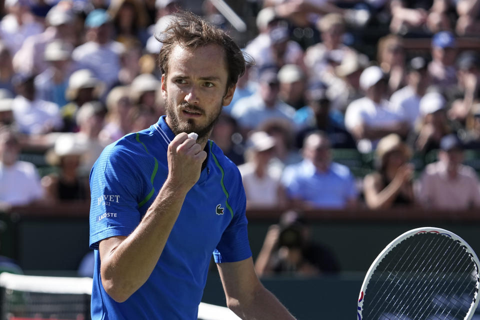 Daniil Medvedev, of Russia, celebrates after winning a game against Frances Tiafoe, of the United States, during a semifinal match at the BNP Paribas Open tennis tournament Saturday, March 18, 2023, in Indian Wells, Calif. (AP Photo/Mark J. Terrill)
