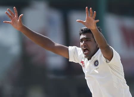 India's Ravichandran Ashwin appeals for an unsuccessful wicket for Sri Lanka's captain Angelo Mathews (not pictured) during the final day of their third and final test cricket match in Colombo, September 1, 2015. REUTERS/Dinuka Liyanawatte