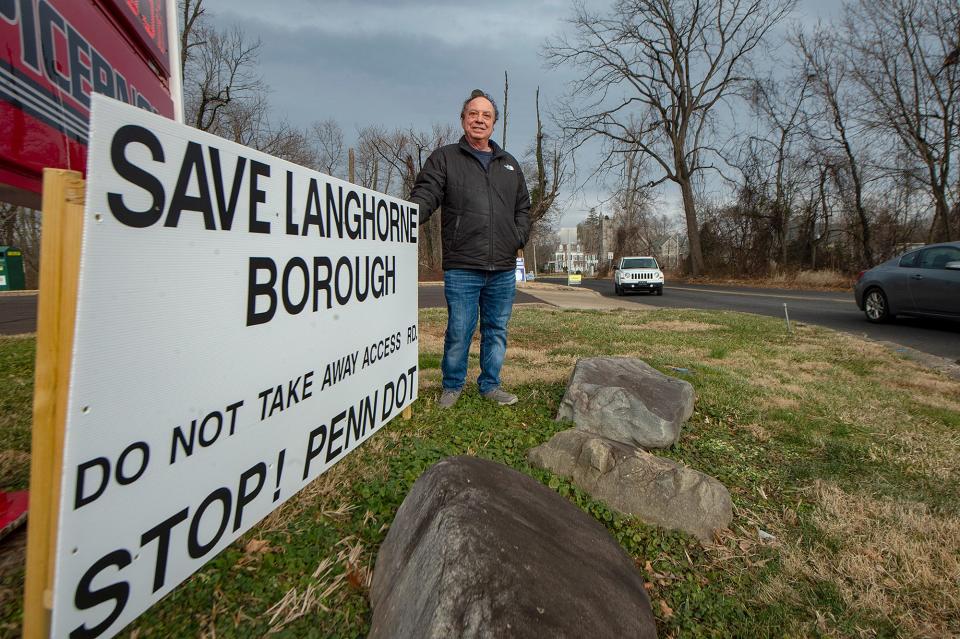 John Picerno, has posted a sign in protest against PennDOT’s plans for S. Bellevue Avenue, at Picerno’s Conoco, with Route 1, in Langhorne, on Tuesday, Jan. 25, 2022.