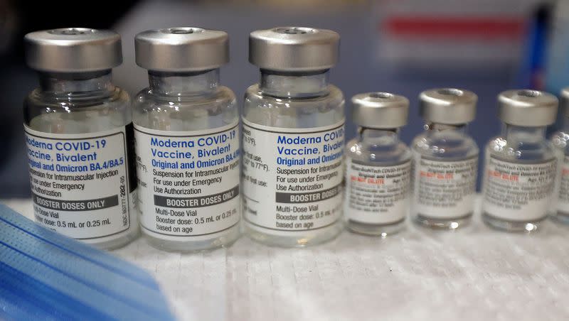 Vials of the Moderna and Pfizer COVID-19 bivalent booster are pictured at a free vaccine clinic at the Sanderson Community Center in Taylorsville on Nov. 9, 2022.