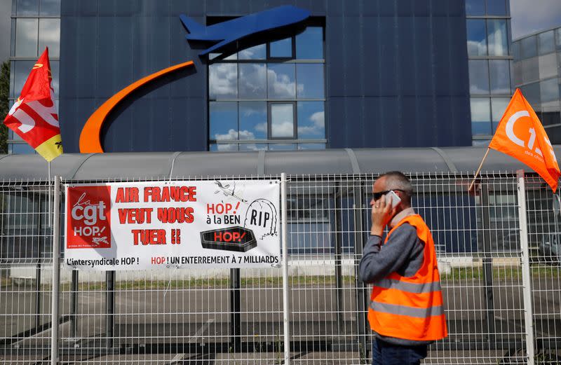 Employees of Hop ! Air France gather in Bouguenais near Nantes