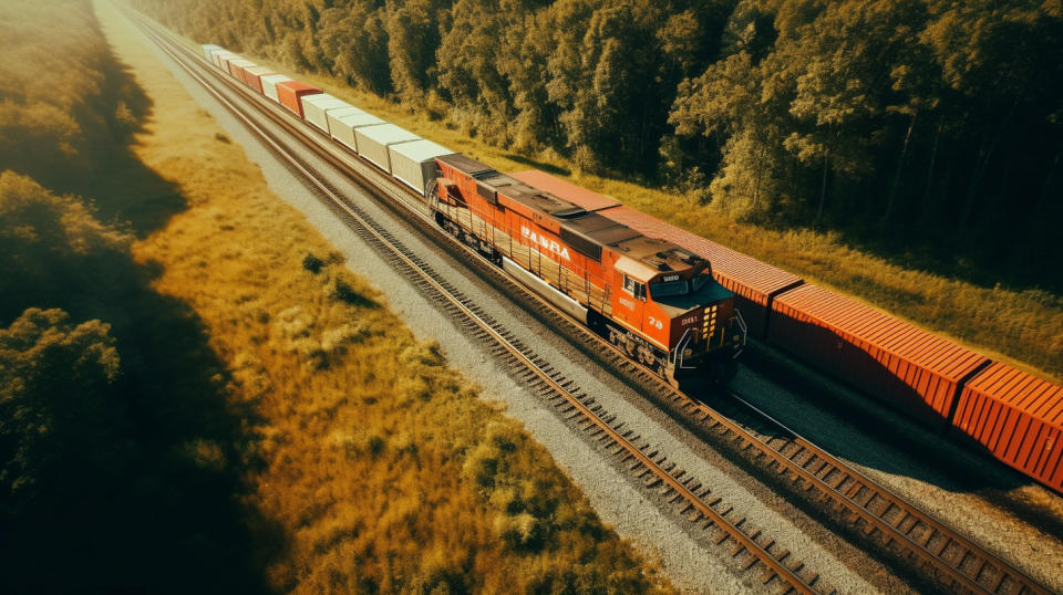 A bird's eye view of a long freight train rumbling along the tracks.