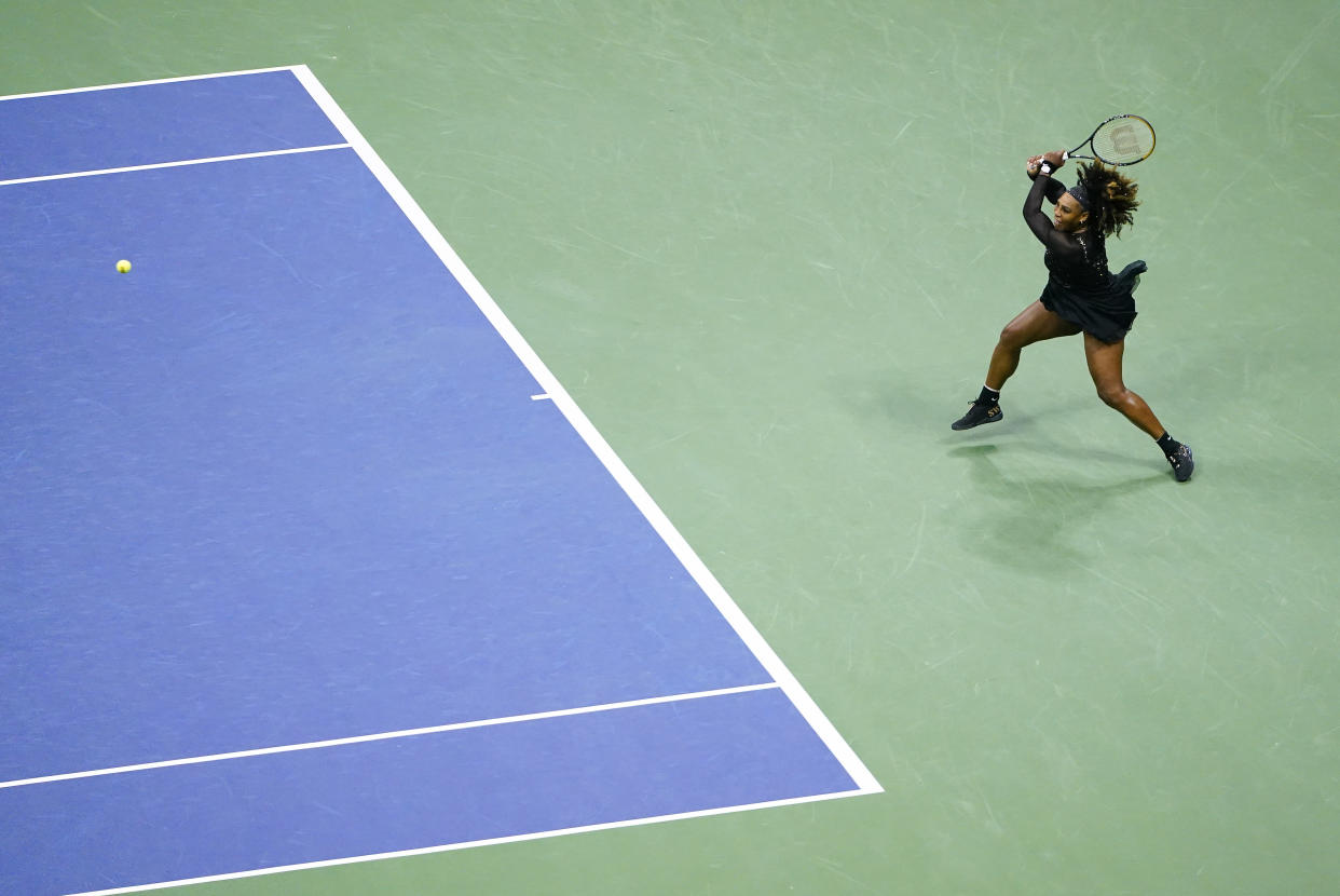 Serena Williams, of the United States, returns a shot to Ajla Tomljanovic, of Austrailia, during the third round of the U.S. Open tennis championships, Friday, Sept. 2, 2022, in New York. (AP Photo/Frank Franklin II)