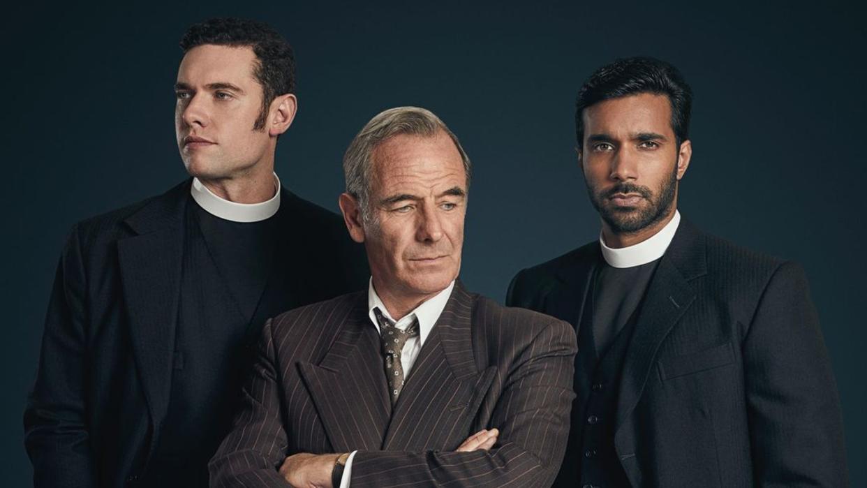 Tom Brittney, Robson Green and Rishi Nair in Grantchester