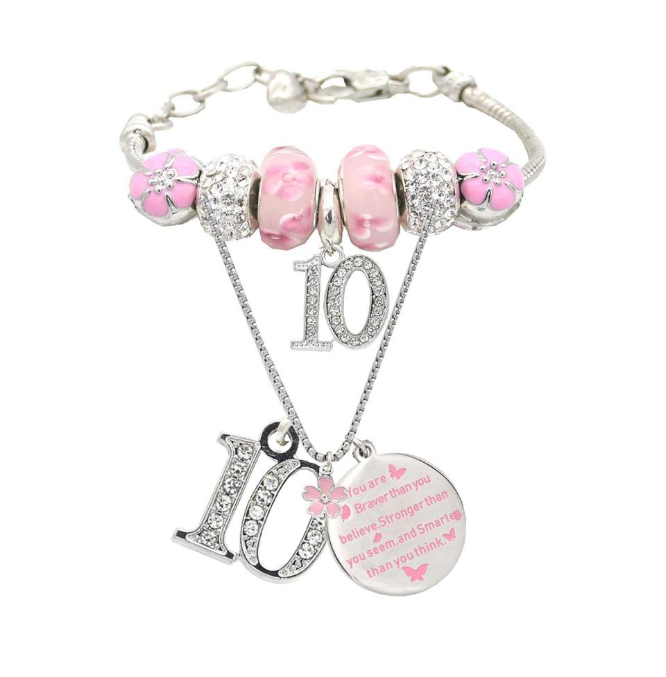 <p><a href="https://go.redirectingat.com?id=74968X1596630&url=https%3A%2F%2Fwww.macys.com%2Fshop%2Fproduct%2F10th-birthday-gifts-for-girls-charm-bracelet-necklace-party-supplies-decorations-10-years-old-birthday-jewelry-set-for-girls%3FID%3D16661311&sref=https%3A%2F%2Fwww.womansday.com%2Frelationships%2Ffamily-friends%2Fg45489406%2Fbest-gift-ideas-10-year-old%2F" rel="nofollow noopener" target="_blank" data-ylk="slk:Shop Now;elm:context_link;itc:0;sec:content-canvas" class="link ">Shop Now</a></p><p>10th Birthday Charm Bracelet</p><p>macys.com</p><p>$17.99</p>