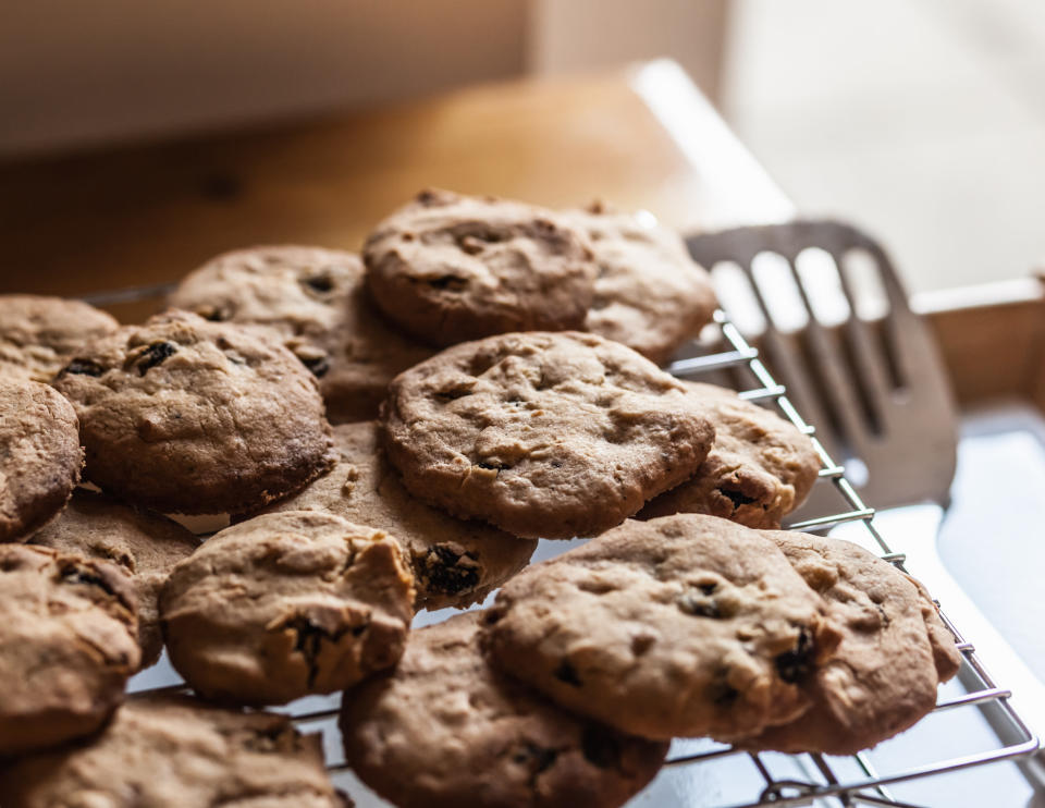 Close up of tray of fresh baked cookies.