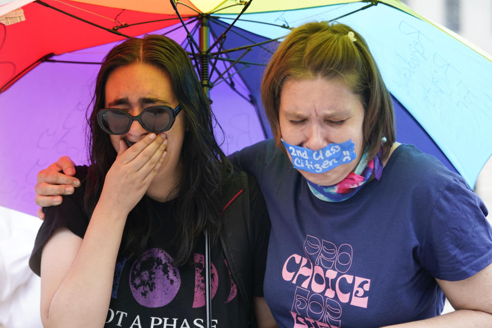 Abortion-rights activists react after hearing the Supreme Court decision on abortion outside the Supreme Court in Washington, Friday, June 24, 2022. The Supreme Court has ended constitutional protections for abortion that had been in place nearly 50 years in a decision by its conservative majority to overturn Roe v. Wade. (AP Photo/Jacquelyn Martin)