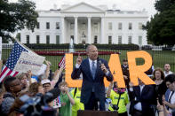 FILE - In this July 17, 2018, file photo, Michael Avenatti, attorney for porn star Stormy Daniels, speaks at an "Occupy Lafayette Park" protest outside the White House in Washington. Avenatti, the attorney who's garnered national attention demanding transparency as one of President Donald Trump's chief critics, convinced a federal judge to bar the media from covering a bankruptcy court case involving his former law firm. Bankruptcy Judge Catherine Bauer allowed Avenatti to give testimony Wednesday, July 25 behind closed doors. In May, Eagan Avenatti, was ordered to pay $10 million to a lawyer who claimed that the firm misstated its profits and he was owed millions. (AP Photo/Andrew Harnik, File)