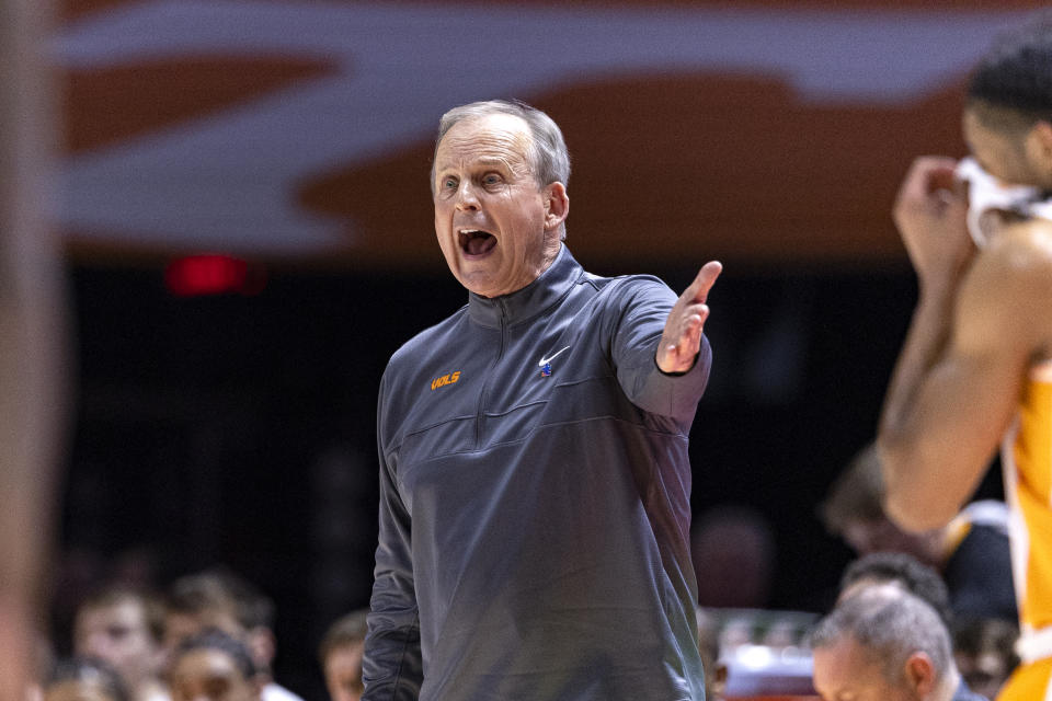 Tennessee head coach Rick Barnes yells to his players during the second half of an NCAA college basketball game against Texas A&M, Saturday, Feb. 24, 2024, in Knoxville, Tenn. (AP Photo/Wade Payne)