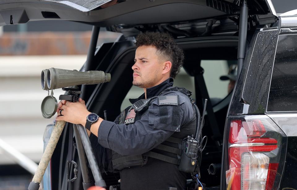 Police work ahead of President Joe Biden’s arrival at Hotel Monaco in Salt Lake City on Wednesday, Aug. 9, 2023. | Kristin Murphy, Deseret News