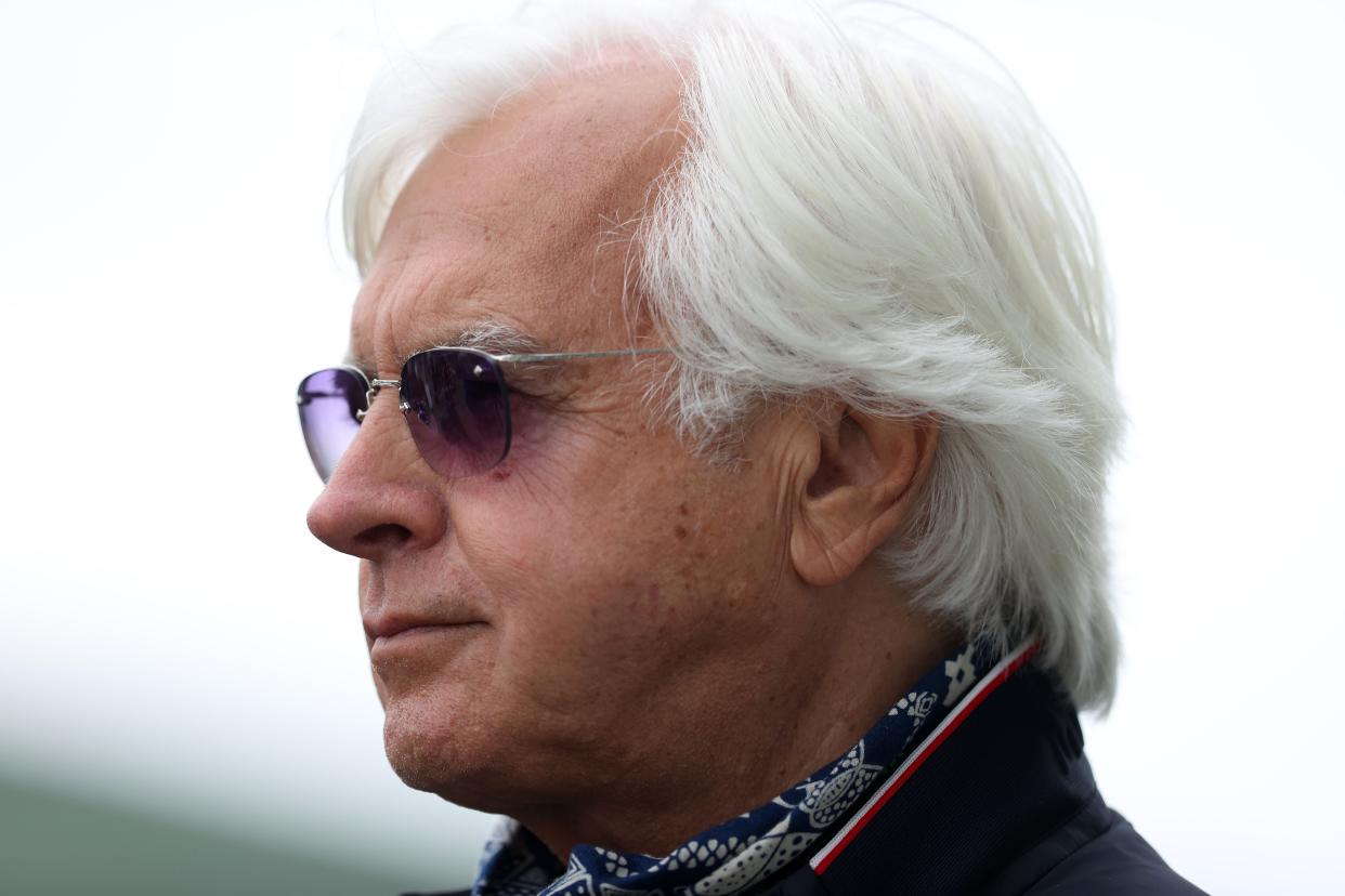 LOUISVILLE, KENTUCKY - APRIL 29:   Bob Baffert the trainer of Medina Spirit talks to the media during the training for the Kentucky Derby at Churchill Downs on April 29, 2021 in Louisville, Kentucky. (Photo by Andy Lyons/Getty Images)