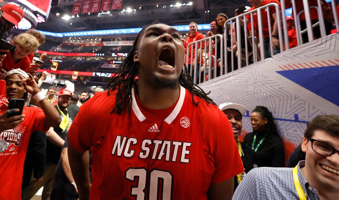 N.C. State’s DJ Burns Jr. (30) celebrates as he leaves the floor after N.C. State’s 84-76 victory over UNC in the championship game of the 2024 ACC Men’s Basketball Tournament at Capital One Arena in Washington, D.C., Saturday, March 16, 2024.