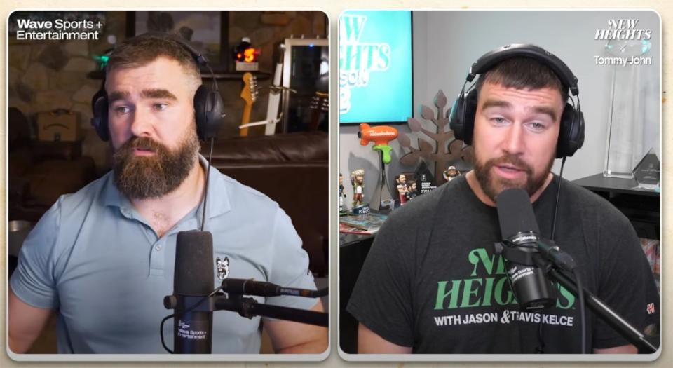 Jason Kelce and Travis Kelce on their podcast, “New Heights.” New Heights Podcast