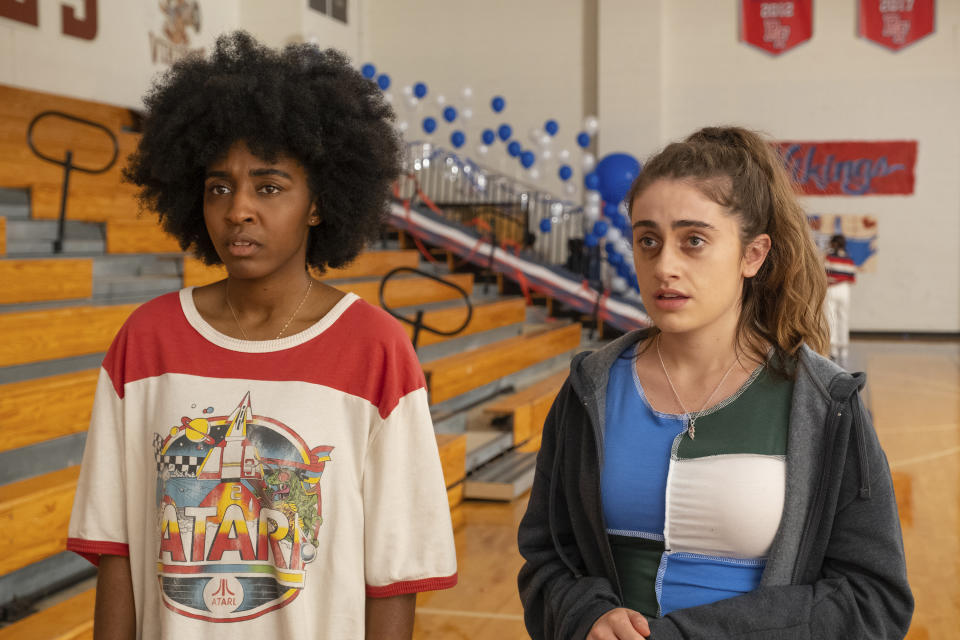 This image released by Orion Releasing shows Ayo Edebiri, left, and Rachel Sennott in a scene from "Bottoms." (Patti Perret/Orion Releasing via AP)