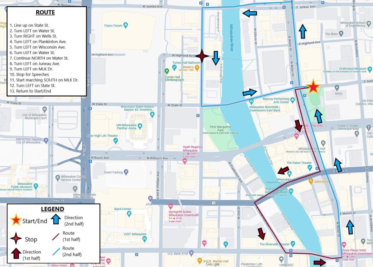 A map shared July 12 by the Coalition to March on the RNC 2024 shows the route that protesters plan to take July 15 through downtown Milwaukee.