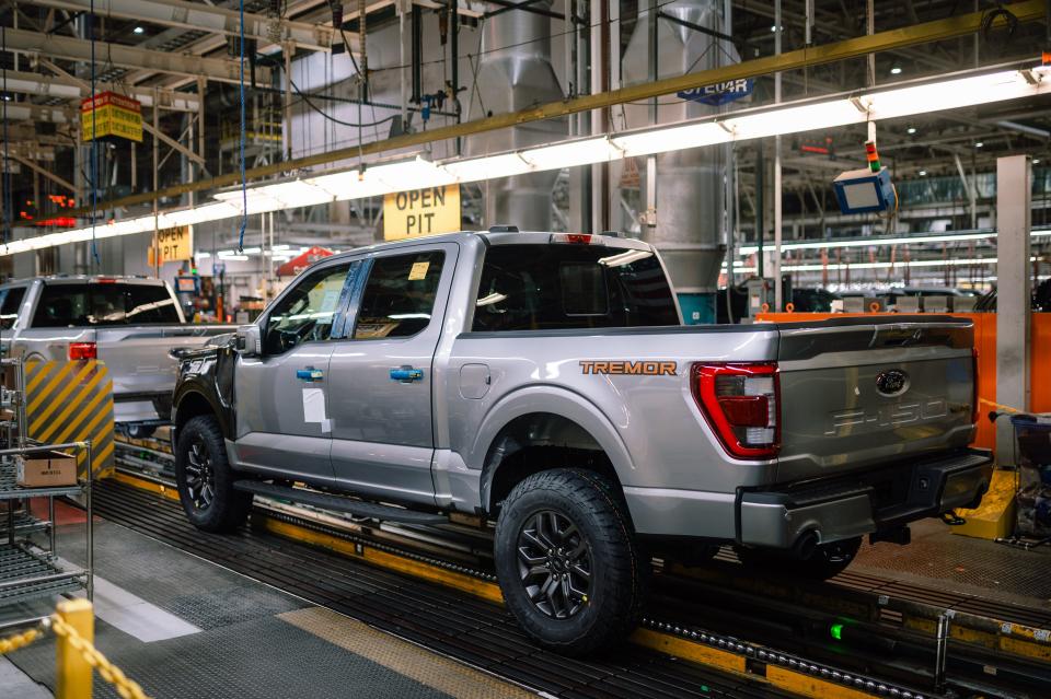 A 2022 Ford F-150 Tremor rolls down the assembly line Wednesday at the Dearborn Truck Plant. It was the 40 millionth F-Series vehicle built since 1947.