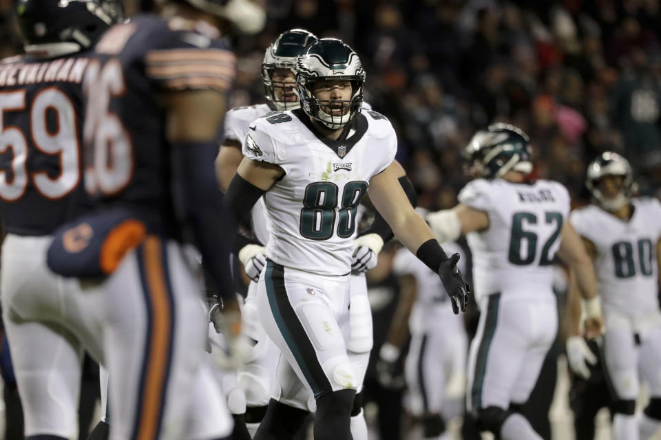 Eagles tight end Dallas Goedert (88) celebrates a touchdown during the second half of Philly’s wild-card playoff game against the Bears. (AP)