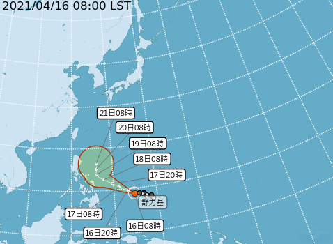 關於中颱舒力基的資訊，氣象達人彭啟明表示，舒力基仍將持續成長，移動速度也略加快，目前主要是受到太平洋高壓南緣的東風影響帶動，預計到下周二、三，颱風將進入一個壓力較低的鞍型場，這時就會顯著的北轉，然後順著西風帶大幅的迴轉往東北方向前進，下周三、四這兩天，是颱風最接近台灣的時候，中心預計距離台灣約800至900公里。颱風舒力基路線圖。（圖／中央氣象局）