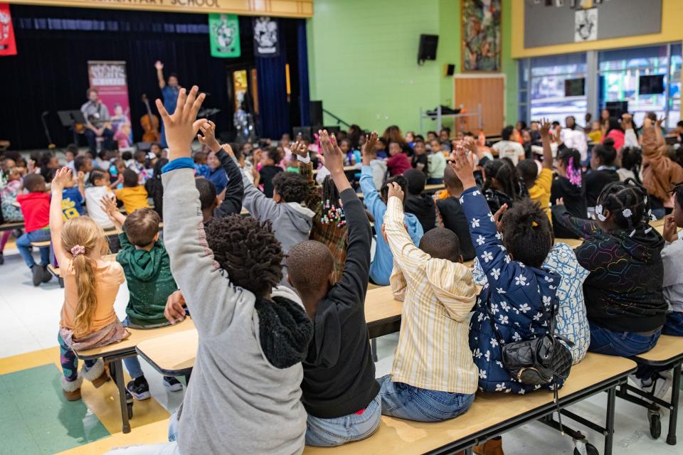 Singer-songwriter and cellist Shana Tucker performs at Pineview Elementary School as part of Florida State University’s Opening Nights weeklong K-5 school residency Thursday, Feb. 22, 2024.