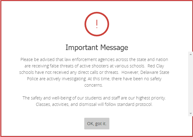 Red Clay Consolidated School District issued this message on its website.