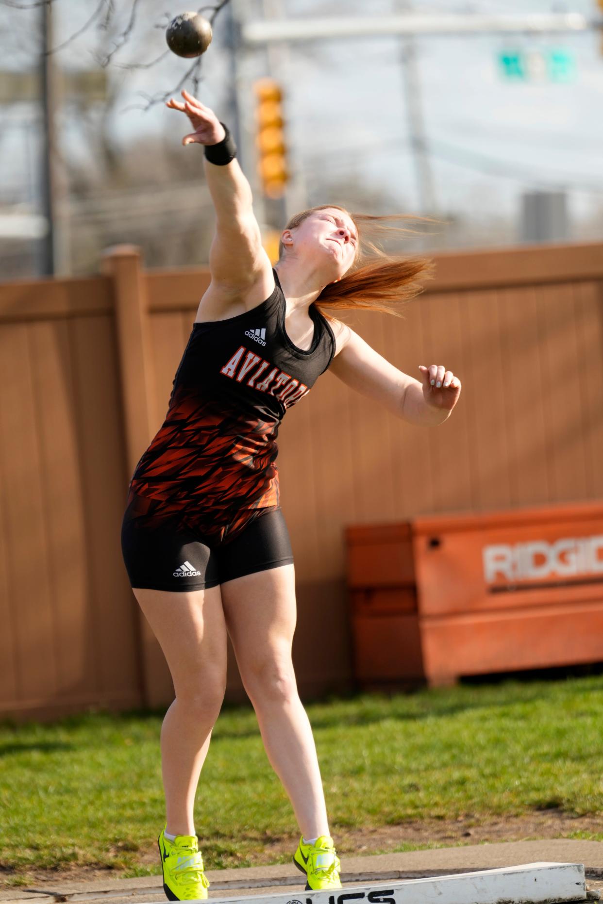 Elliot Eddy,  of Hasbrouck Heights, throws the shot put during a dual meet against Wood-Ridge. Tuesday, April 4, 2023 