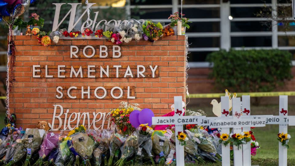 A memorial in front of Robb Elementary School in Uvalde, Texas. - Getty Images