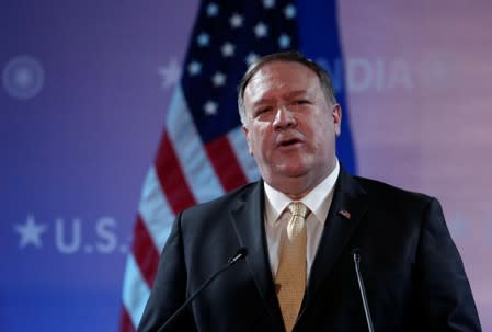 U.S. Secretary of State Mike Pompeo delivers a speech at an event in New Delhi