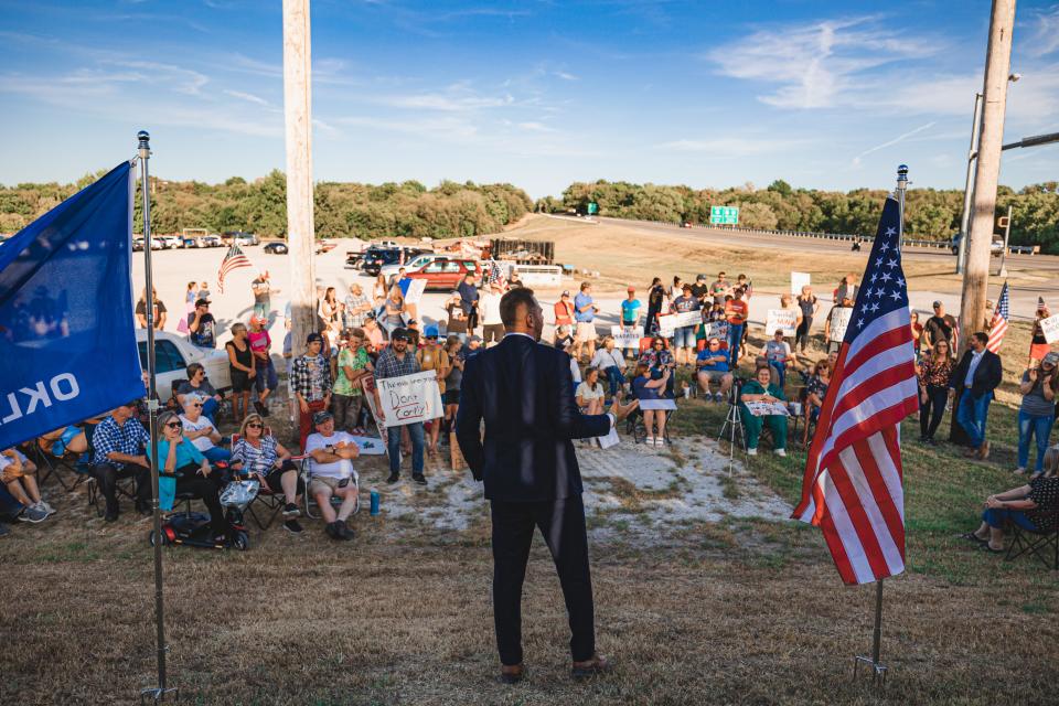 Jackson Lahmeyer, challenger for the U.S. Senate, speaks at Washington County Freedom Advocates Rally Against Mandates in Ohio in September 2021.