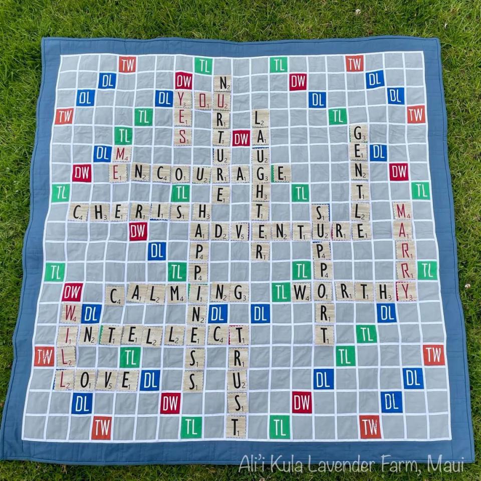 Before Tracy Shaw of Maryland proposed to Keith Privratsky of Thousand Oaks in Maui, she created this elaborate Words With Friends game quilt that was how she asked him to marry her. On July 22, 2022, they tied the knot at The Love Story Project store in Cambria.