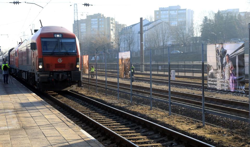 Photographs of Russia's war in Ukraine are displayed as part of an exhibition at the railway station in Vilnius, Lithuania, March 25, 2022, where transit trains from Moscow to Kaliningrad make a stop over. The exhibition is intended to give transiting Russian travelers a true picture of the conflict.  / Credit: PETRAS MALUKAS/AFP/Getty