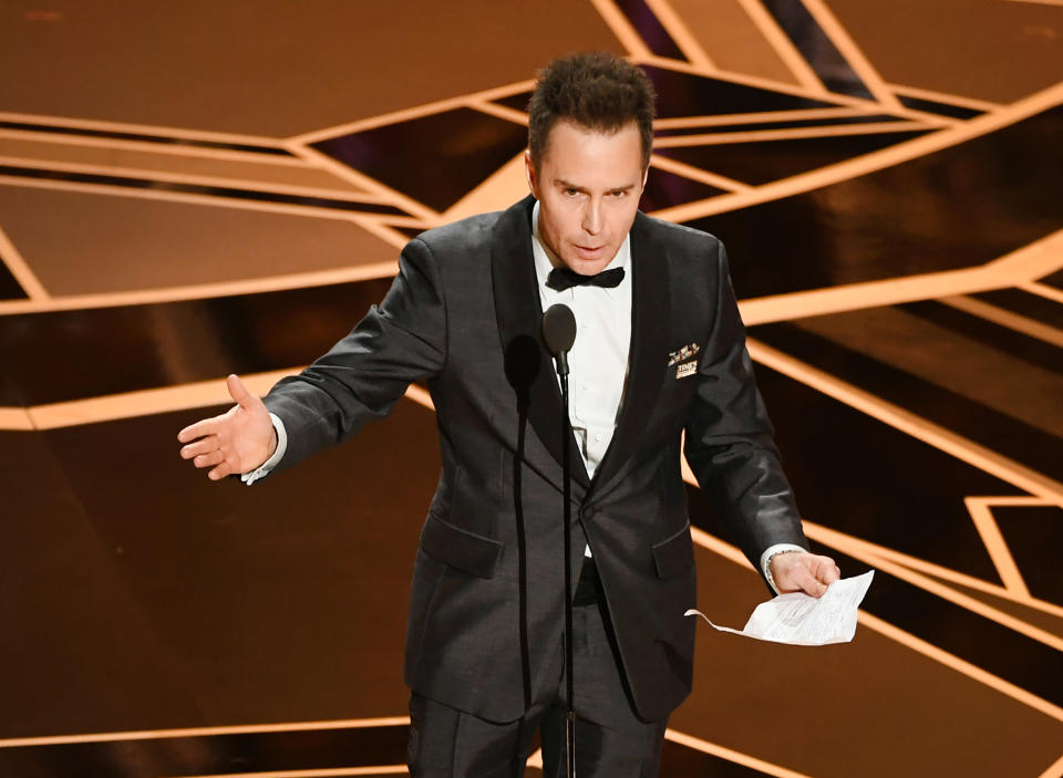 Actor Sam Rockwell accepts Best Suppoorting Actor for 'Three Billboards Outside Ebbing, Missouri' onstage at the 90th Annual Academy Awards at the Dolby Theatre at Hollywood & Highland Center on March 4, 2018 in Hollywood.
