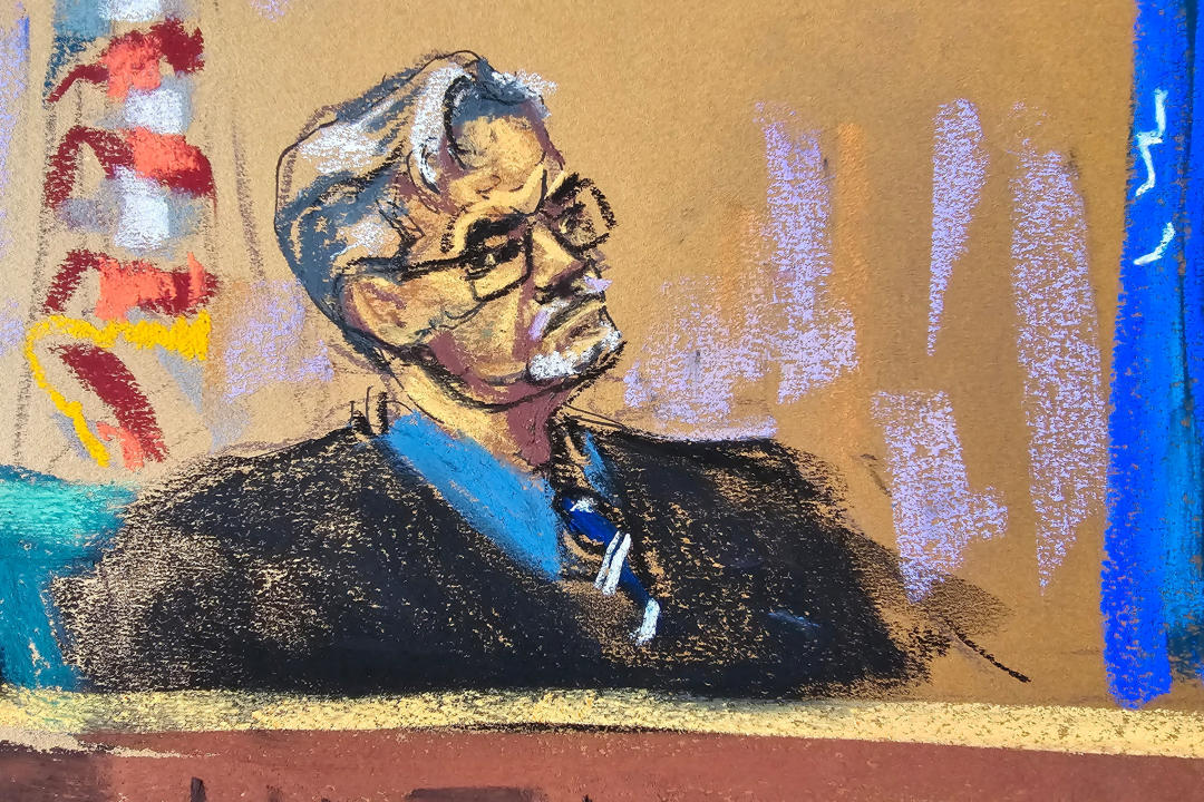 In a courtroom sketch, Judge Juan Merchan watches as Michael Cohen testifies.