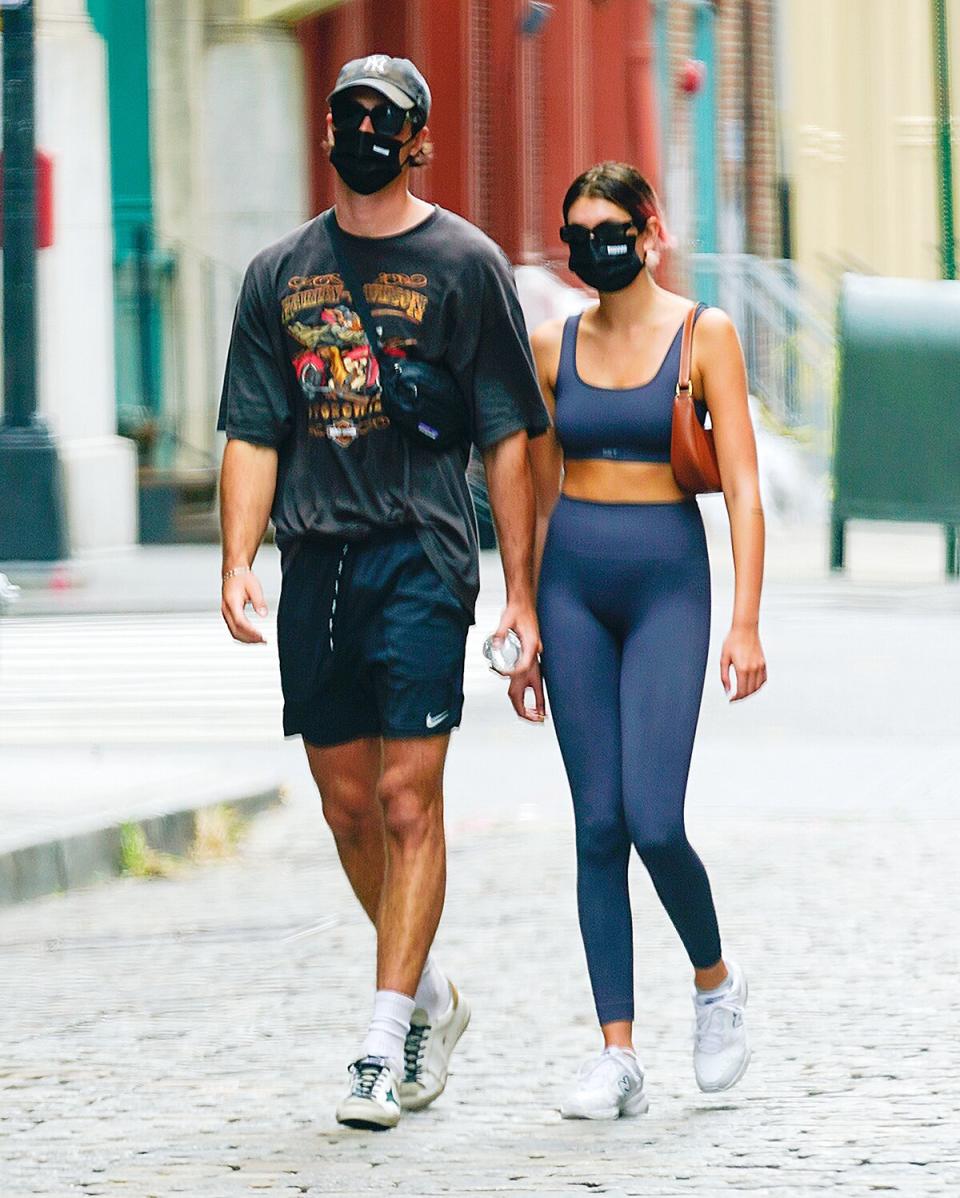Kaia Gerber and Jacob Elordi come back from the gym on September 09, 2020 in New York City.