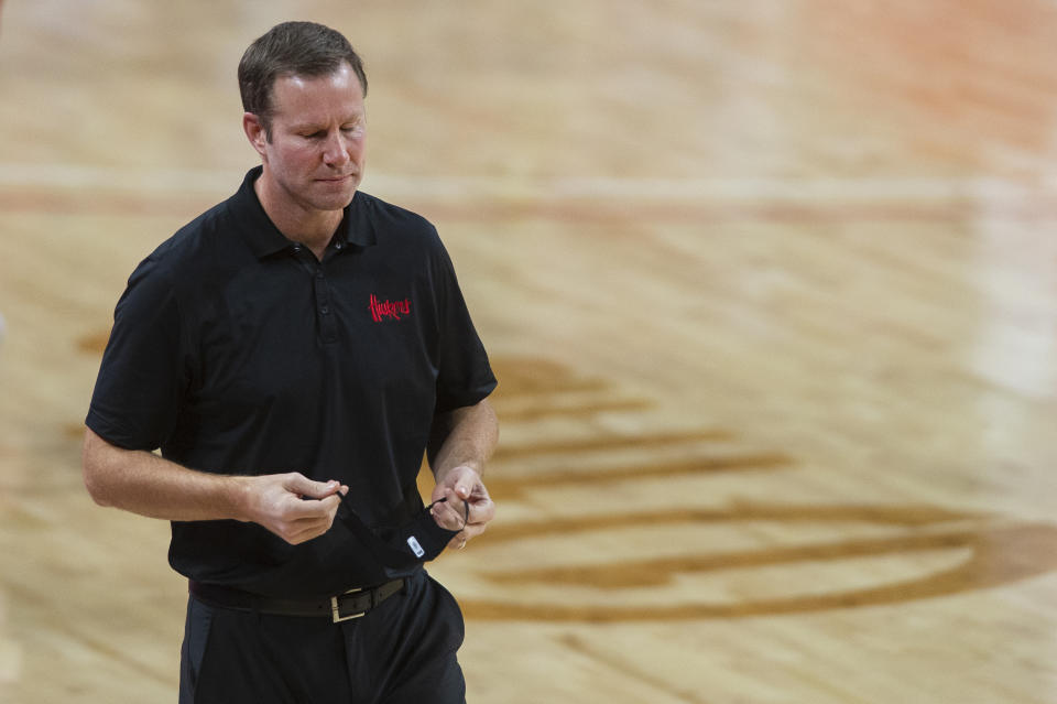 Nebraska head coach Fred Hoiberg shakes his head as he walks back to the sideline after Indiana scored a 3-point shot in the second half of an NCAA college basketball game Sunday, Jan. 10, 2021, in Lincoln, Neb. (Kenneth Ferriera/Lincoln Journal Star via AP)