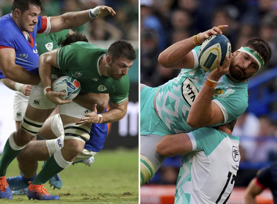 FILE - This combo shows left, Ireland's Jean Kleyn during the Rugby World Cup Pool A game at Fukuoka Hakatanomori Stadium between Ireland and Samoa, in Fukuoka, on Oct. 12, 2019 and Jean Kleyn, right, playing for South Africa, during a rugby test match against Argentina, at the Jose Amalfitani stadium in Buenos Aires, on Aug. 5, 2023. (AP Photo/Aaron Favila, Natacha Pisarenko, File)