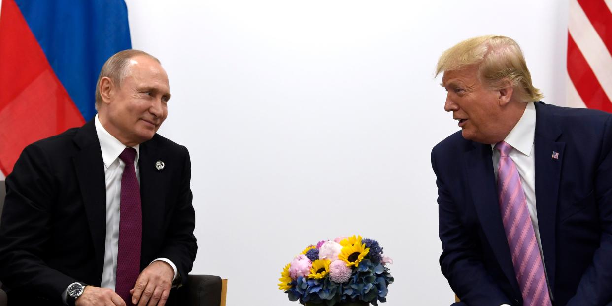FILE - In this June 28, 2019, file photo, President Donald Trump, right, meets with Russian President Vladimir Putin during a bilateral meeting on the sidelines of the G-20 summit in Osaka, Japan. The U.S. and Russia have agreed to start arms control talks this month as the only remaining treaty between the two largest nuclear powers is poised to expire in less than a year, Marshall Billingslea, the president’s special envoy for arms control, said Monday, June 8, 2020.  (AP Photo/Susan Walsh, File)