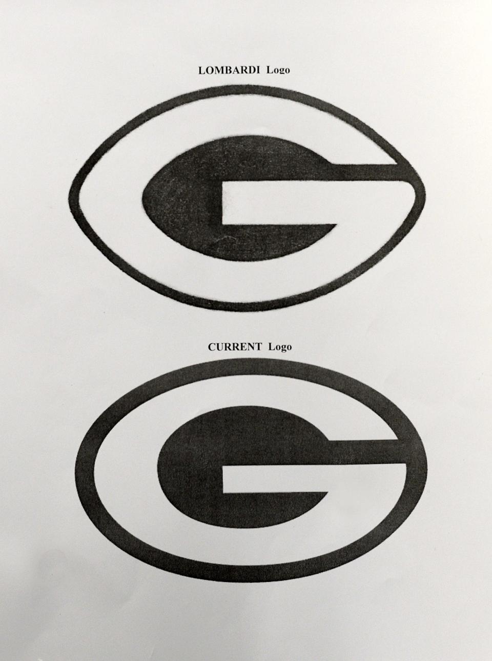 The Green Bay Packers logo as artist John Gordon remembers originally drawing it, top, and the way it looks today.