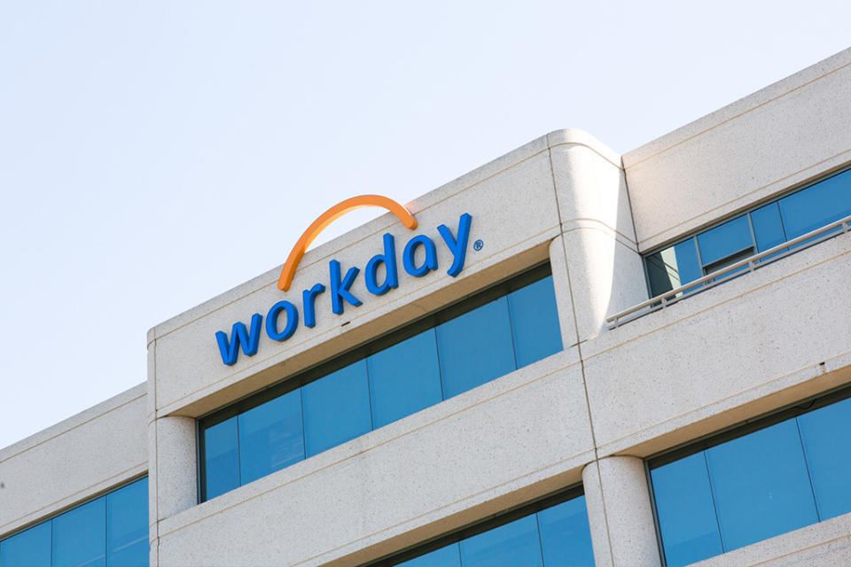 The Workday logo atop the company's headquarters building in Pleasanton, Calif.