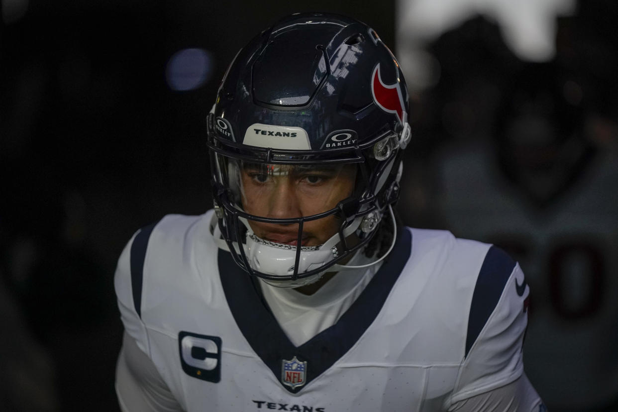 Houston Texans quarterback C.J. Stroud (7) stands in the tunnel before an NFL football game against the New York Jets on Sunday, Dec. 10, 2023, in East Rutherford, N.J. (AP Photo/Bryan Woolston)