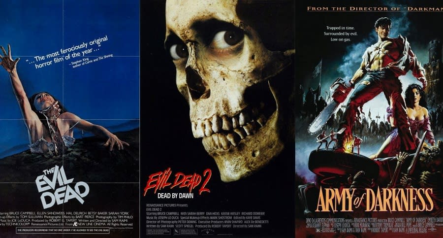 Movie posters for Sam Raimi's Evil Dead trilogy.