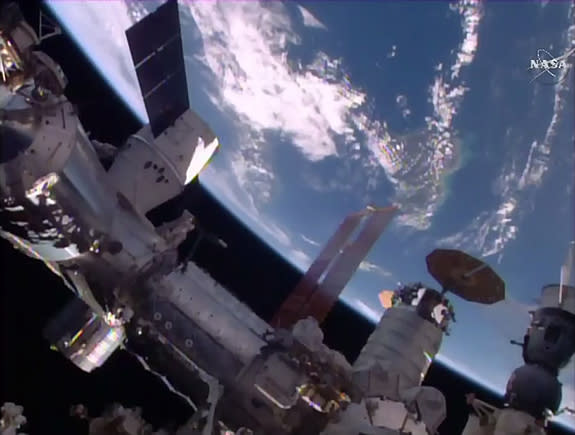 This unprecedented view shows SpaceX's Dragon cargo ship (left), Orbital ATK's Cygnus ship at center and Russia's Progress cargo ship at far right after the Dragon's docking on April 10, 20