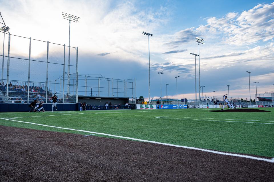 NoCo Owlz player Austin Schneider throws a pitch during a game against the Boise Hawks on July 7, 2023, at Future Legends Field in Windsor.