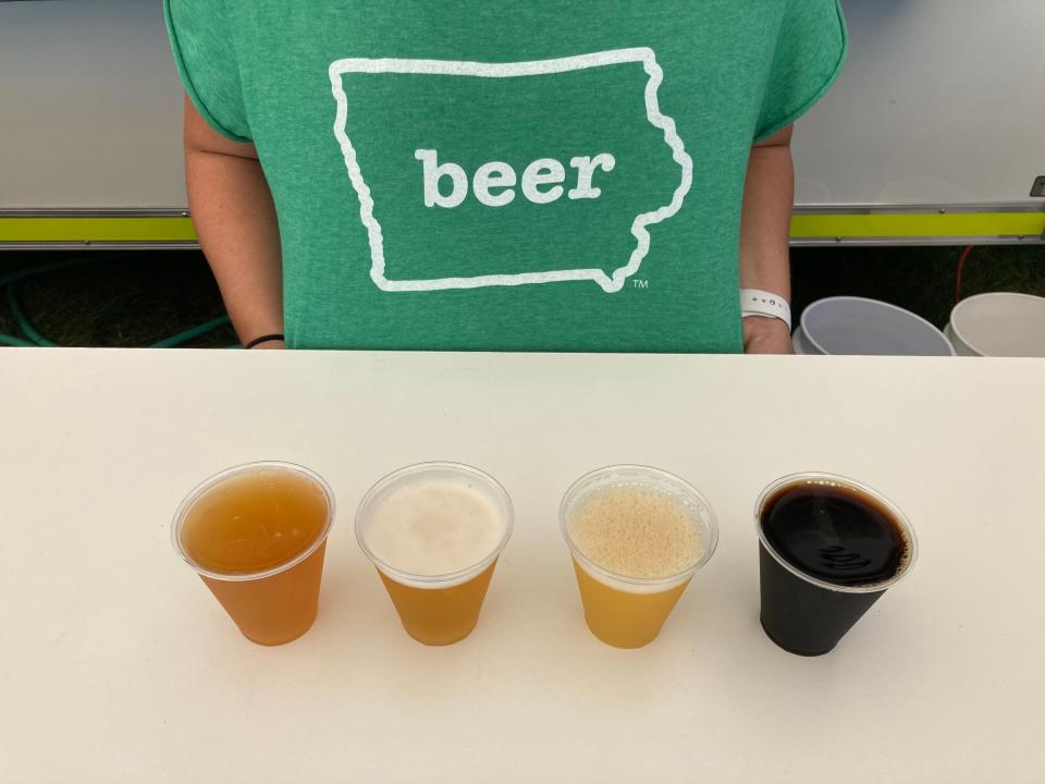 New beers at the Iowa Craft Beer Tent during the 2021 Iowa State Fair include, from left, Keg of Cookies, Big Pig in the City, Fair One, Bourbon-Wrapped Double Chocolate Cheesecake Stout.