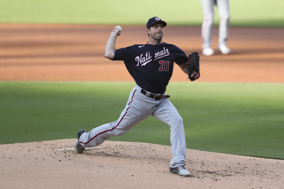 Washington Nationals starting pitcher Max Scherzer works in the first inning of a baseball game against the San Diego Padres Thursday, July 8, 2021, in San Diego. (AP Photo/Derrick Tuskan)