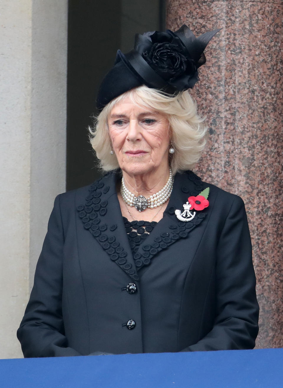 LONDON, ENGLAND - NOVEMBER 08: Camilla, Duchess of Cornwall during the National Service of Remembrance at The Cenotaph on November 08, 2020 in London, England. Remembrance Sunday services are still able to go ahead despite the covid-19 measures in place across the various nations of the UK. Each country has issued guidelines to ensure the safety of those taking part. (Photo by Chris Jackson - WPA Pool/Getty Images)