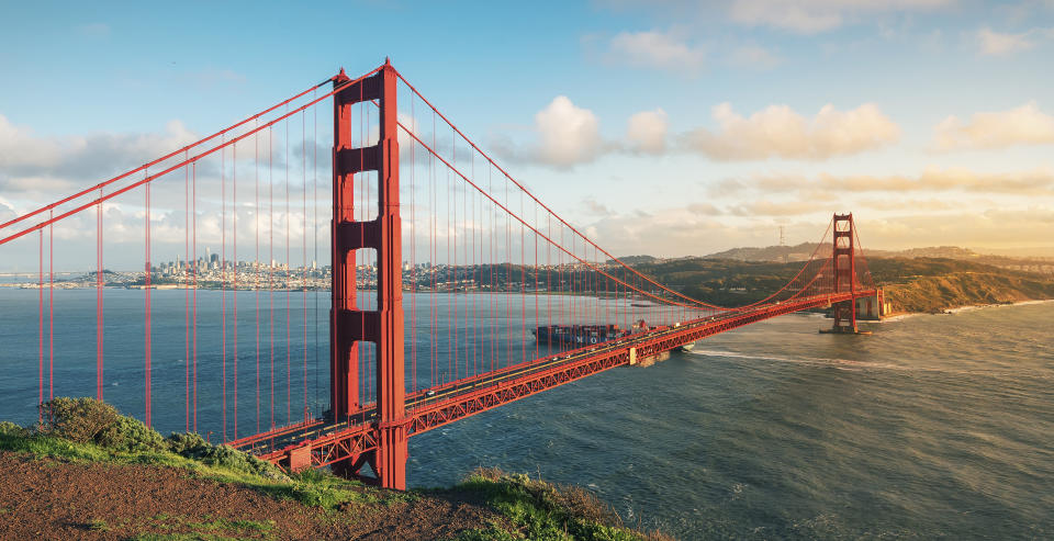 The Golden Gate Bridge, standing on the Golden Gate Strait in San Francisco, California, USA, is one of the world's famous bridges and a miracle of modern bridge engineering