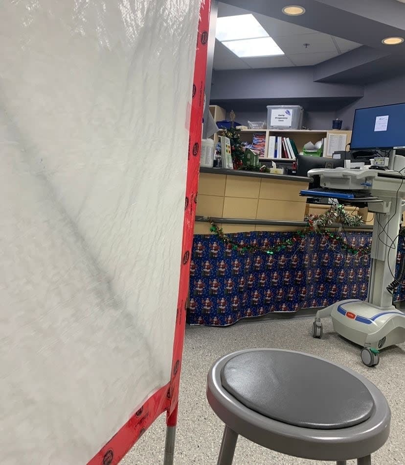 A photo of the temporary divider made from a white tarp, taken by Jaelene Tweedle on her visit to the Red Deer Hospital's emergency department. 