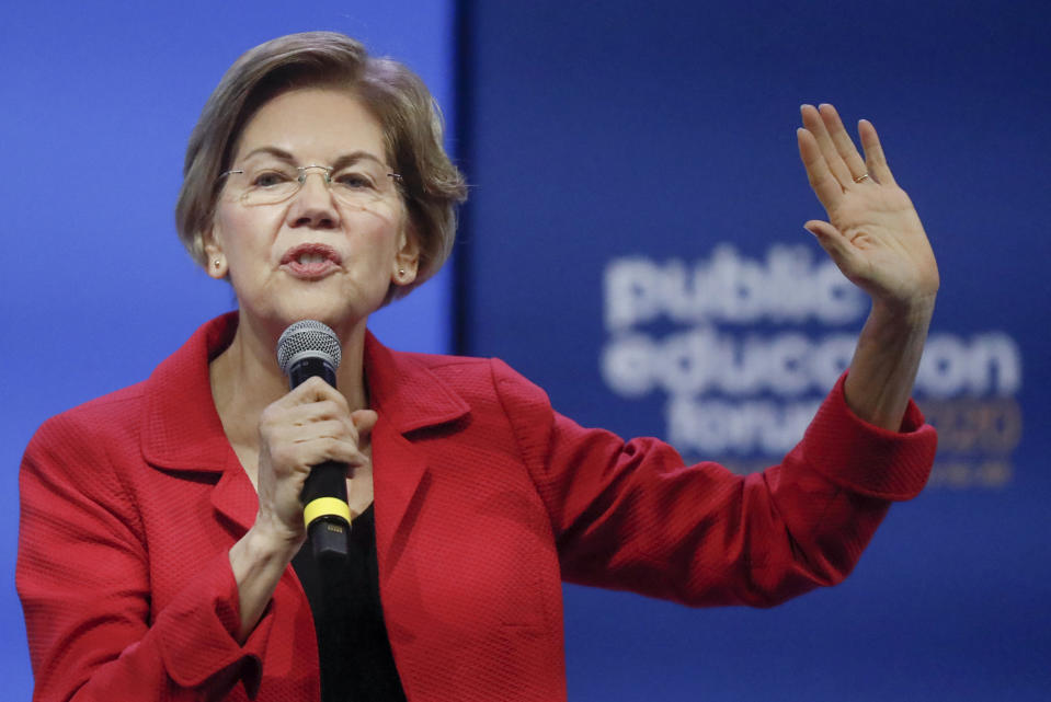 Democratic presidential candidate Sen. Elizabeth Warren, D-Mass, one of seven scheduled Democratic candidates participating in a public education forum, gives her opening statement, Saturday, Dec. 14, 2019, in Pittsburgh. Topics at the event planned for discussion ranged from student services and special education to education equity and justice issues. (AP Photo/Keith Srakocic)