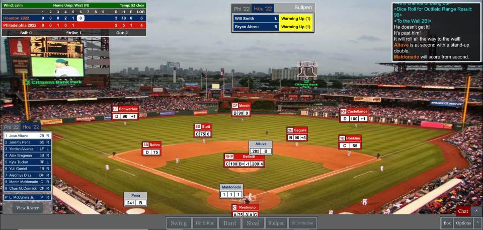 A screenshot of Jose Altuve's RBI double in the top of the sixth inning of Game 3 in USA TODAY Sports' annual Simulated World Series.