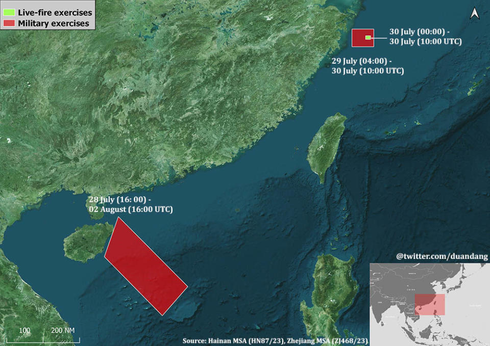 中國海事局發布航行警告，29日起至8月2日，分別在南海、東海畫設禁航區展開軍事演練，其中南海禁航區範圍高達10萬平方公里。   圖：翻攝@duandang推特